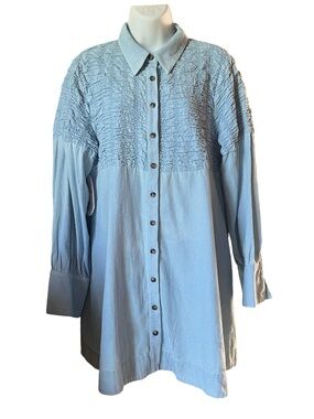 Millibon u.s.a Blue Cotton Mini Dress Long Sleeve Smocked Button Down Tunic M